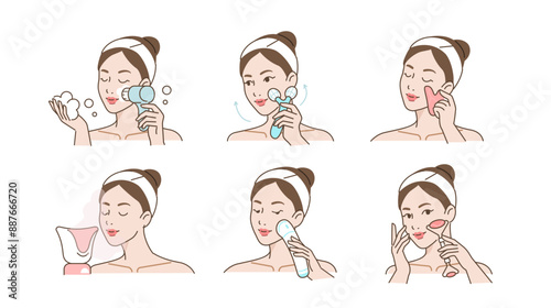 Skincare set. Collection of girl use facial cleansing brush, massage roller and other anti aging devices. Beauty and hygiene concept. Vector illustration.
