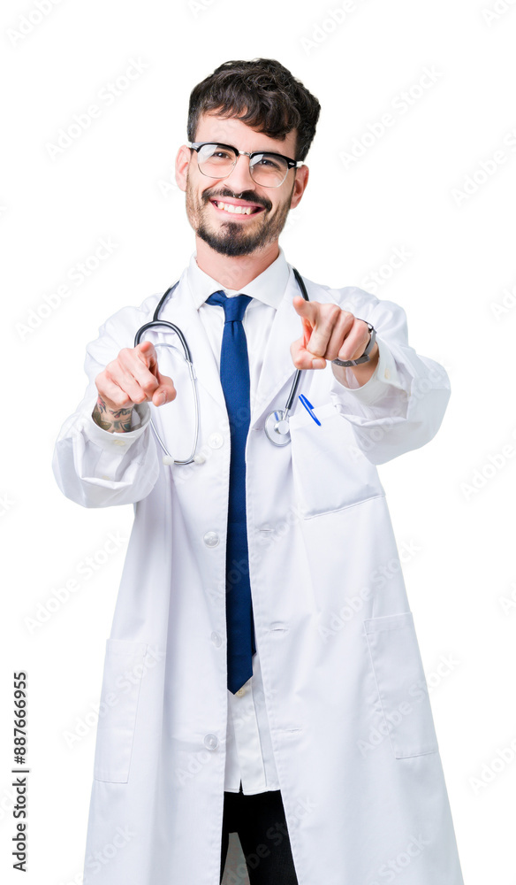 Young doctor man wearing hospital coat over isolated background Pointing to you and the camera with fingers, smiling positive and cheerful Young doctor man wearing hospital coat over isolated background Pointing to you and the camera with fingers, smiling positive and cheerful