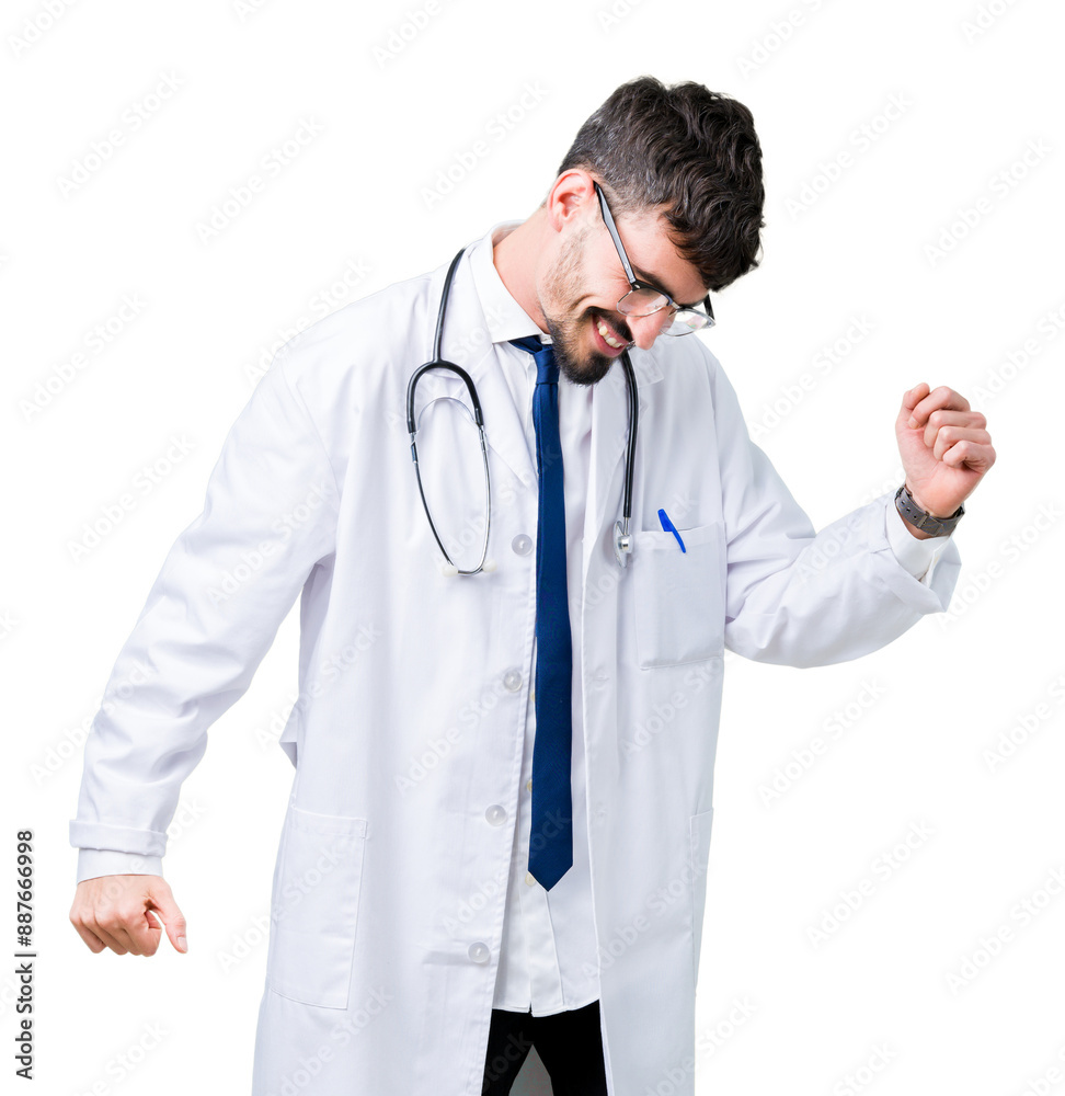 Young doctor man wearing hospital coat over isolated background Dancing happy and cheerful, smiling moving casual and confident listening to music Young doctor man wearing hospital coat over isolated background Dancing happy and cheerful, smiling moving casual and confident listening to music
