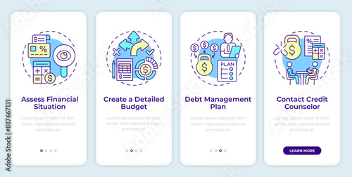 Debt restructuring process steps onboarding mobile app screen. Walkthrough 4 steps editable graphic instructions with linear concepts. UI, UX, GUI template. Montserrat SemiBold, Regular fonts used