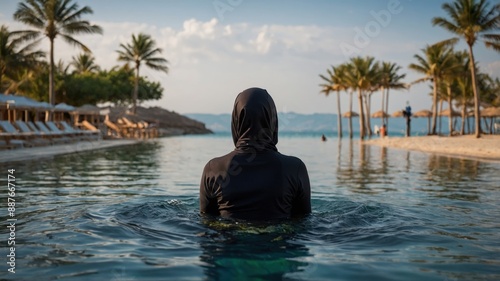 Fototapeta Naklejka Na Ścianę i Meble -  Woman wearing a black burkini swimming in a resort pool, with palm trees, beach chairs, and the ocean in the background.
