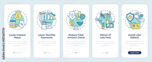 Pros of debt restructuring onboarding mobile app screen. Walkthrough 5 steps editable graphic instructions with linear concepts. UI, UX, GUI template. Montserrat SemiBold, Regular fonts used