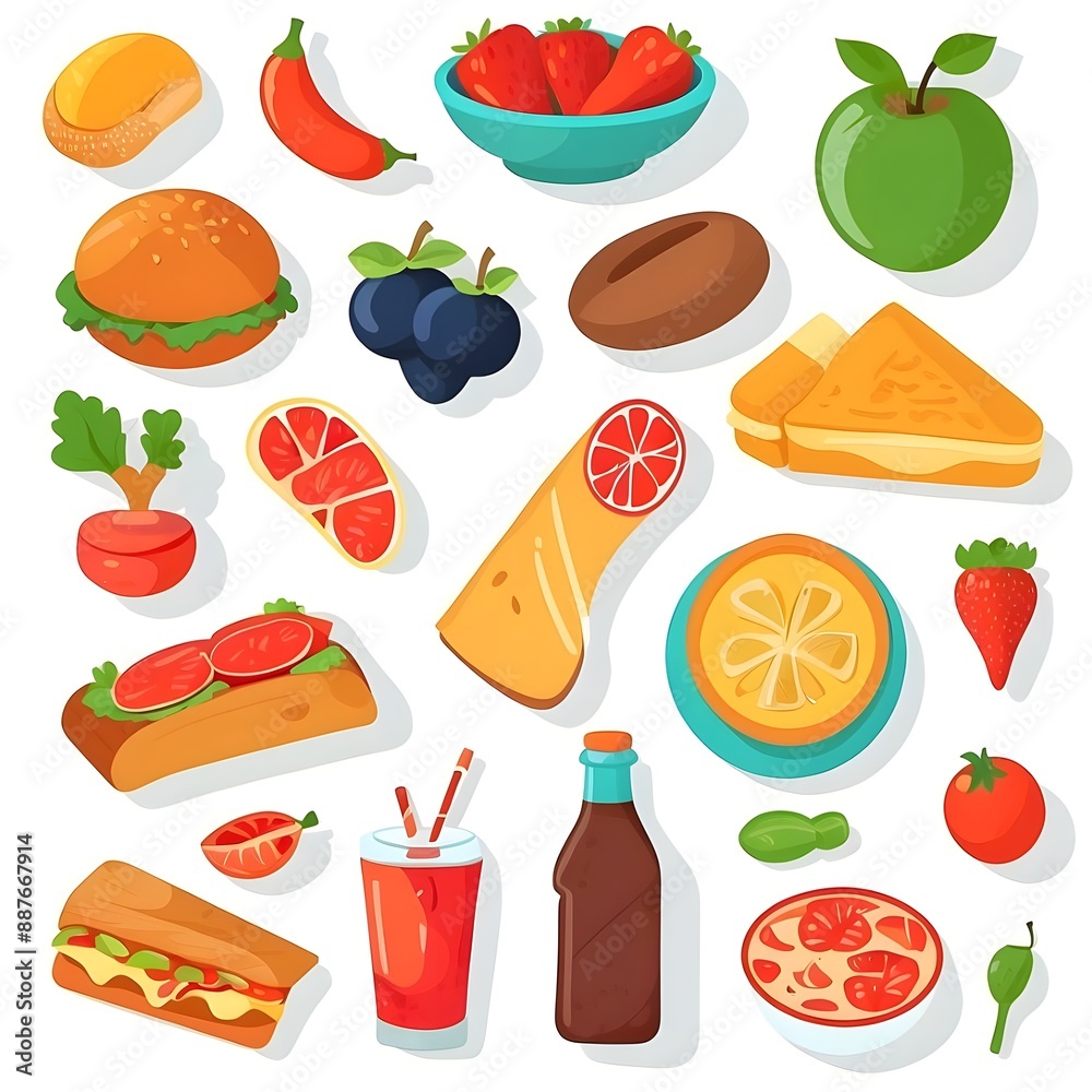 A Feast for the Eyes: Vibrant assortment of delicious food and drink illustrations, perfect for menus, cookbooks, and healthy eating promotions. A Feast for the Eyes: Vibrant assortment of delicious food and drink illustrations, perfect for menus, cookbooks, and healthy eating promotions.