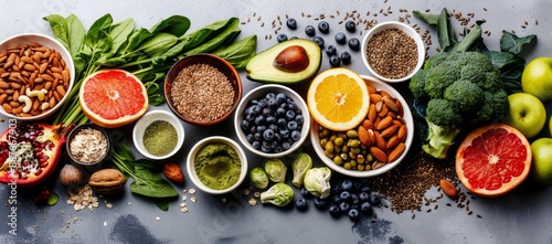 Healthy food on a gray table including various fresh fruit and vegetables like avocados, blueberries and nuts. Health, body care and lifesytle concept. 