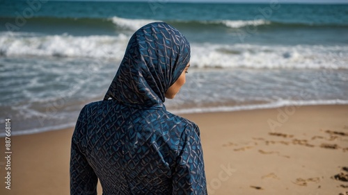 Back view of a woman in a patterned burkini standing on a sandy beach, gazing at the ocean waves.
 photo