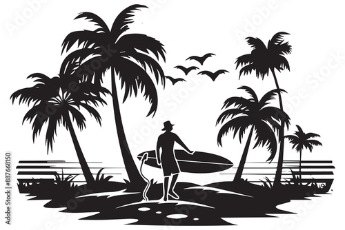 summer art design palm tree surfing man beach white background