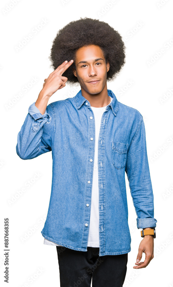 Young african american man with afro hair Shooting and killing oneself pointing hand and fingers to head, suicide gesture. Young african american man with afro hair Shooting and killing oneself pointing hand and fingers to head, suicide gesture.