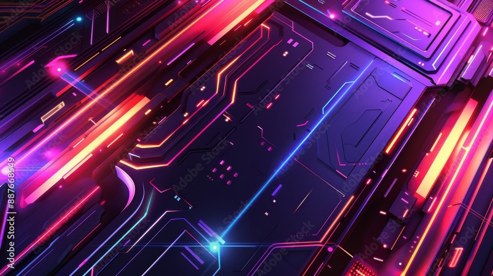 Abstract background with metallic and futuristic shapes and glowing neon elements Abstract background with metallic and futuristic shapes and glowing neon elements