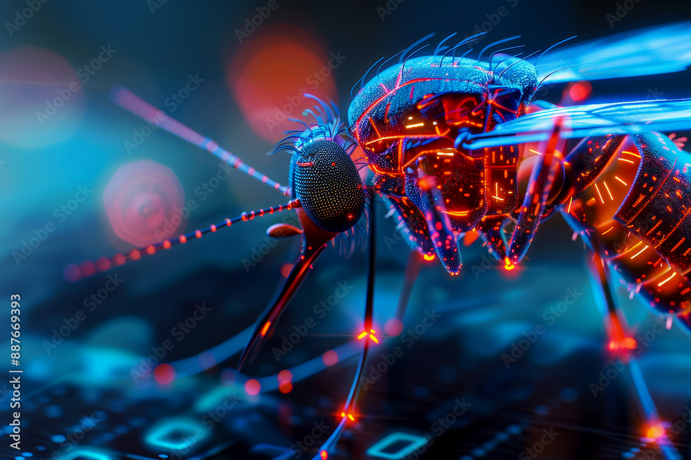 Visualization of a malware program in the image of a mosquito collecting information from the Internet, bright neon colors Visualization of a malware program in the image of a mosquito collecting information from the Internet, bright neon colors