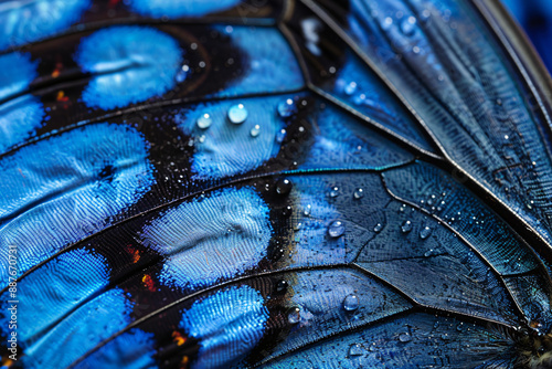 A close-up macro photo of the texture and pattern on an electric blue butterfly wing, with black glittering in it
