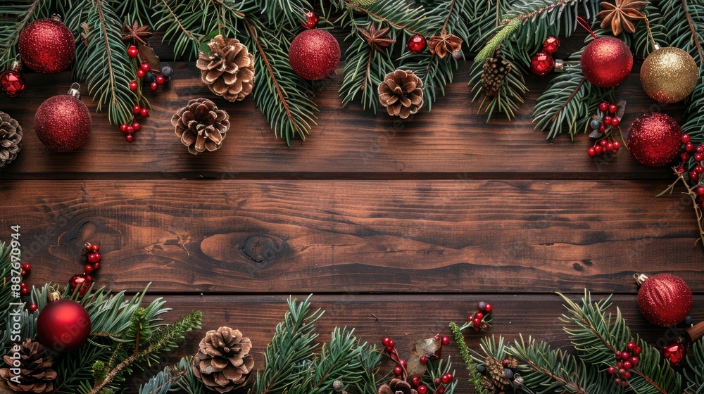 Festive Christmas and New Year decorations on a wooden background Festive Christmas and New Year decorations on a wooden background