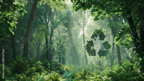 Lush forest backdrop with recycling symbol integrated into tree leaves