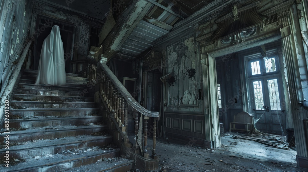 A ghostly apparition in an abandoned mansion at dusk A ghostly apparition in an abandoned mansion at dusk