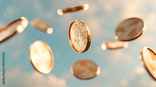 Numerous coins in mid-air against a backdrop of clouds, fantasy style, golden hues, high-resolution photo, ethereal lighting