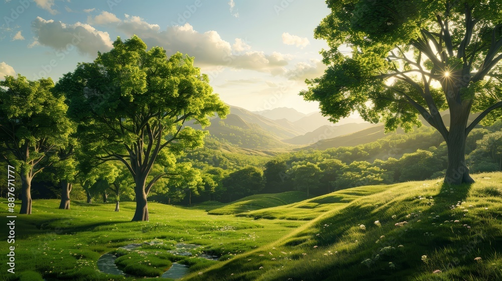 Serene landscape with recycling symbol in tree bark green meadows backdrop Serene landscape with recycling symbol in tree bark green meadows backdrop