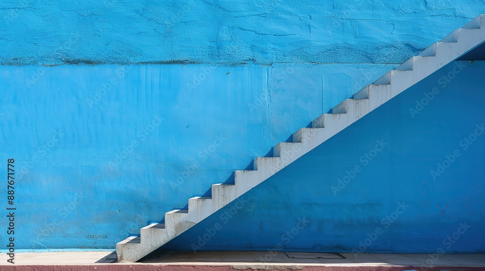 A set of stairs ascending a large blue wall. Image of blue stairs. copy space for text. A set of stairs ascending a large blue wall. Image of blue stairs. copy space for text.