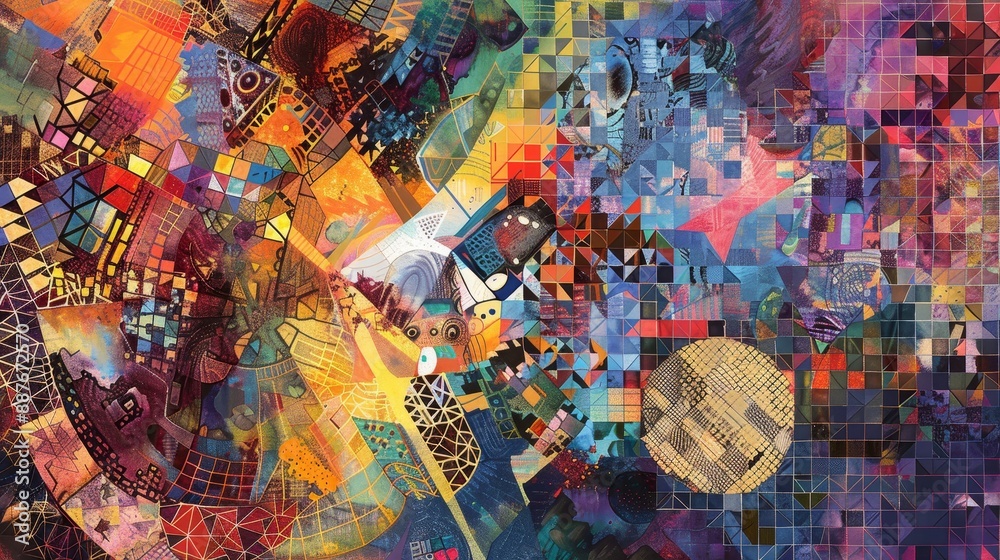 Fototapeta premium Pixelated mosaic with abstract shapes represents a complex background