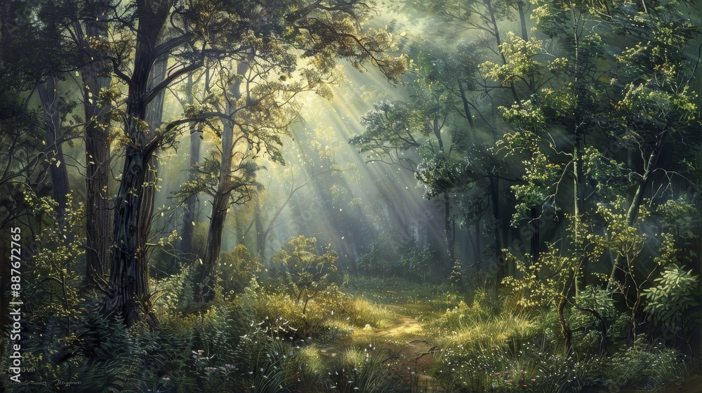 Obraz premium Sunlit forest scene with dappled light forms a tranquil backdrop