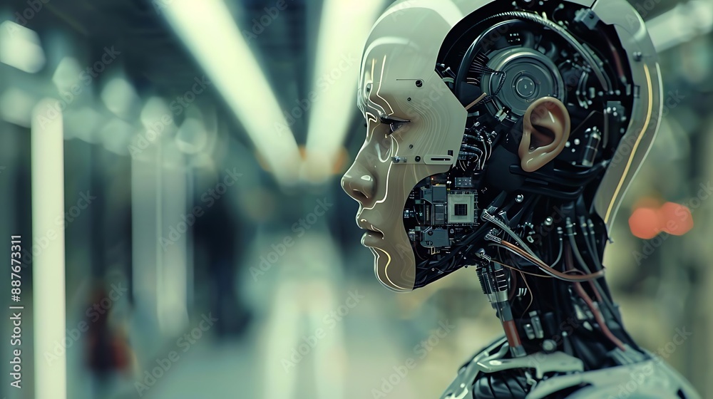 3D Illustration of a Futuristic Robot Head with Exposed Wiring 3D Illustration of a Futuristic Robot Head with Exposed Wiring