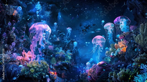 Wallpaper Mural Underwater scene with vibrant coral luminescent jellyfish deep meaning background Torontodigital.ca