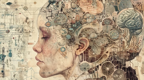 Wallpaper Mural Abstract art wallpaper of the human brain and neural network in vintage retro style. Torontodigital.ca