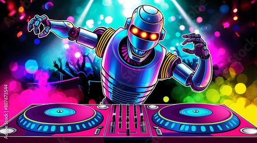 Robot DJ android disc jockey playing music turntables passionately at vivid party in a night dance club, poster illustration banner music events and night dance music clubs