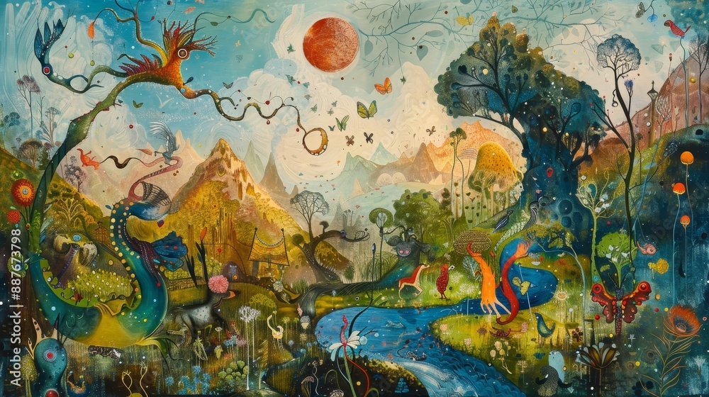 Fototapeta premium Surreal elements and creatures in whimsical landscape mythical background