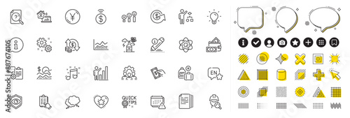 Set of Yen money, Eye detect and Team work line icons for web app. Design elements, Social media icons. Alcohol addiction, Algorithm, Trade infochart icons. Vector