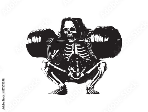 Skeleton of Body Builder Weight Lifter Posing Sitting Tattoo Style Gym Logo Vector for T-shirts and Wall Decor Workout Athletic Muscle Fitness Beast Barbell Bodybuilding Healthy Wall St