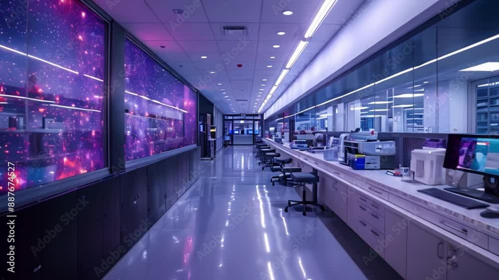 A virtual simulation of an automated lab interior, featuring a long hallway with workstations and a large window displaying a purple, nebula-like pattern.