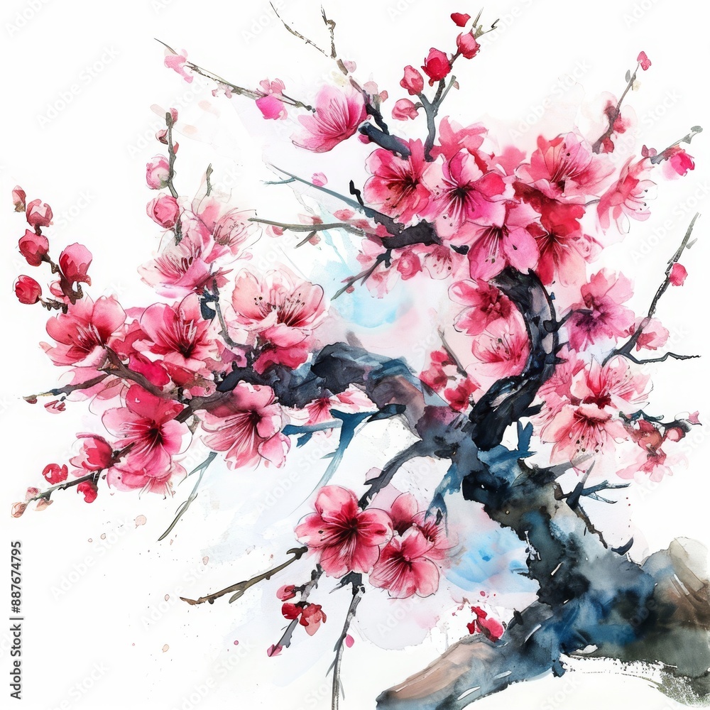 Naklejka premium Beautiful floral spring abstract background of nature Branches of blossoming apricot , Colorful cherry blossom vector illustration on a white background, Ai generated