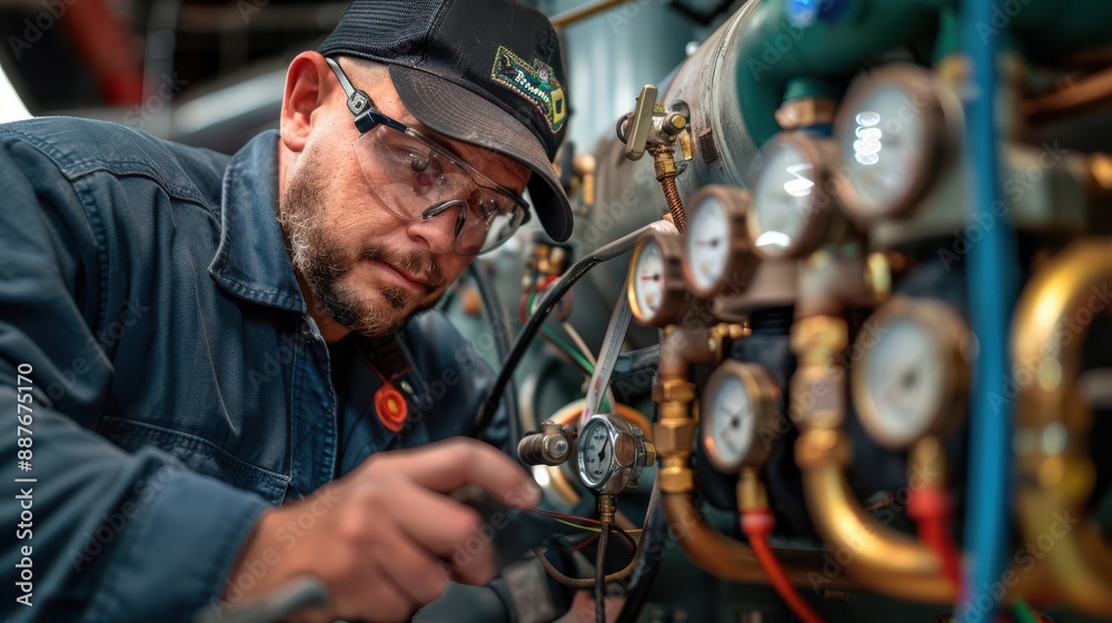 A man in a blue jacket is working on a machine