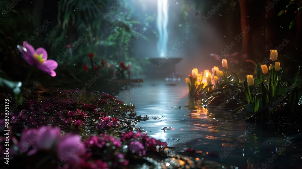 Enchanting Forest Stream with Glowing Flowers and Waterfall in Mystical Night Scene Enchanting Forest Stream with Glowing Flowers and Waterfall in Mystical Night Scene