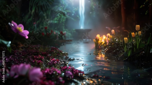 Wallpaper Mural Enchanting Forest Stream with Glowing Flowers and Waterfall in Mystical Night Scene Torontodigital.ca