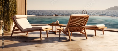 image of three lounge chairs situated on a patio overlooking an infinity pool and the vast expanse of the ocean © waliyah