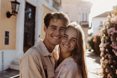 A cheerful couple embraces and smiles warmly while enjoying a sunny day outdoors, surrounded by beautiful architecture and flowers. Generated AI