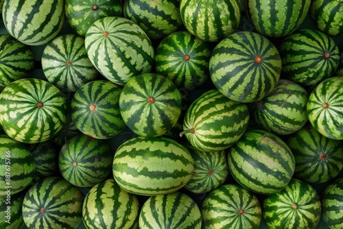 A pattern of multiple fresh ripe watermelons with green rind, showcasing natural textures and vibrant colors. Generated AI photo