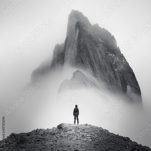 Man standing in front of a Mountain - The top of Rock Climbing - Visualization of Emotions - Accomplishment, Success, Solitude, Lonely, Power, Powerless, Small, Endeavor photo