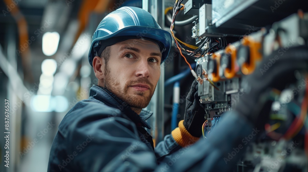 A man in a blue jacket is working on electrical equipment A man in a blue jacket is working on electrical equipment