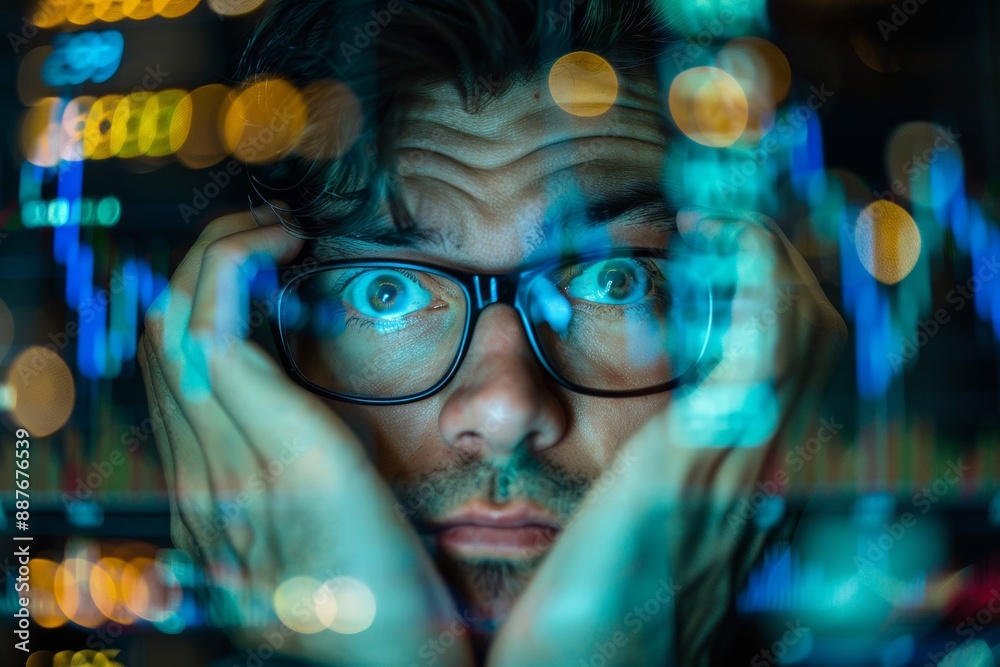 An analyst with a skeptical expression decodes market deception, surrounded by complex data overlays that illustrate the intricacies of financial manipulation.