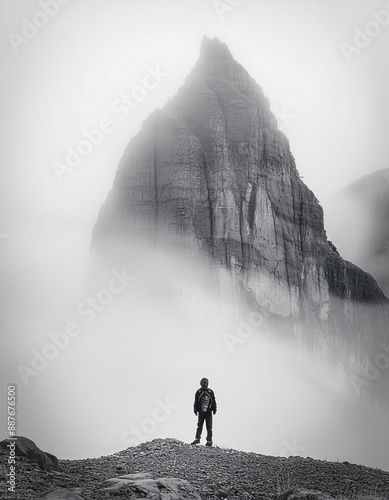 Man standing in front of a Mountain - The top of Rock Climbing - Visualization of Emotions - Accomplishment, Success, Solitude, Lonely, Power, Powerless, Small, Endeavor photo