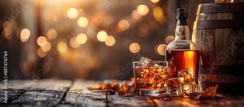 Whiskey on Wooden Table with Autumnal Backdrop