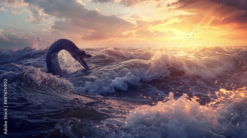 Fototapeta premium A sea serpent emerging from the ocean at dawn