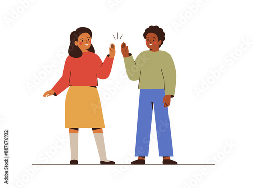 Teenagers give high five to each other. Black boy and white girl do greeting gesture and flap palms. Children's Teamwork and success concept. Friends welcoming each other. Vector illustration