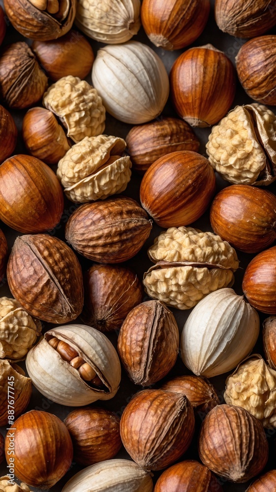 Close-up image captures variety of whole, cracked nuts densely packed together, showcasing textures, natural patterns. Assortment includes walnuts, hazelnuts, almonds in their shells. Close-up image captures variety of whole, cracked nuts densely packed together, showcasing textures, natural patterns. Assortment includes walnuts, hazelnuts, almonds in their shells.