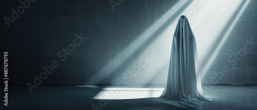 Mysterious Figure Draped in White Cloth Standing in a Dark Room with Dramatic Light Beams photo