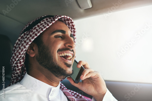 Photography Muslim man, smile and phone call in car for travel, journey and commute in transport