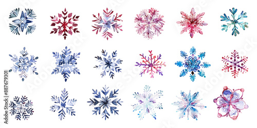 Set watercolor Christmas snowflakes on white background.