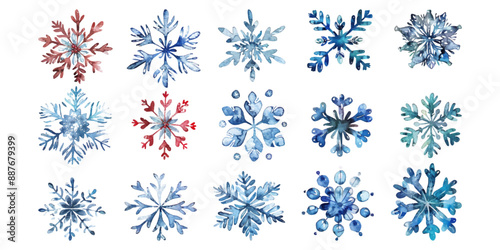 Set watercolor Christmas snowflakes on white background.