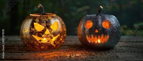 Festive Halloween Pumpkins with Glitter and Candlelight on Wooden Table in Dark Forest Background photo